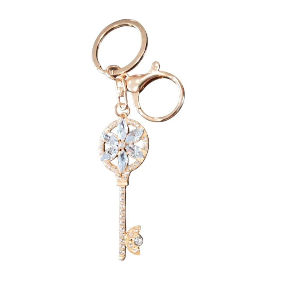 Skeleton Key Flower Rhinestone Keychain Purse Charm in Diamond Gold Tones
